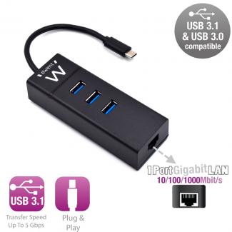 EWENT EW1141 Hub Tipo-C 3Pts.USB 3.1+1pto. GIGABIT 2